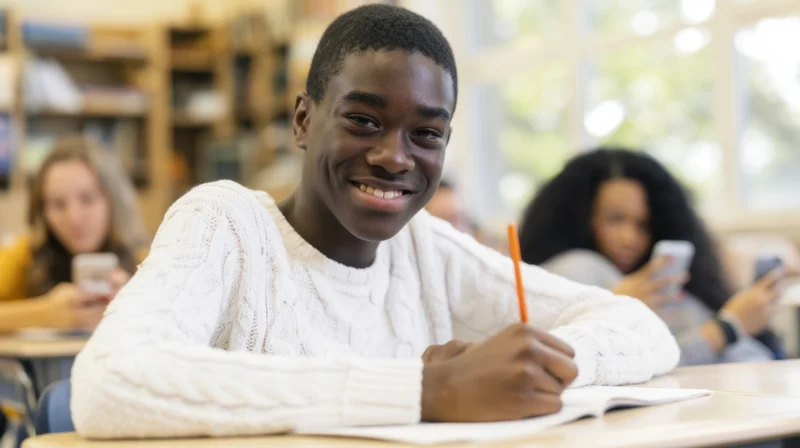 Young african male student smiling while writing in notebook at classroom desk