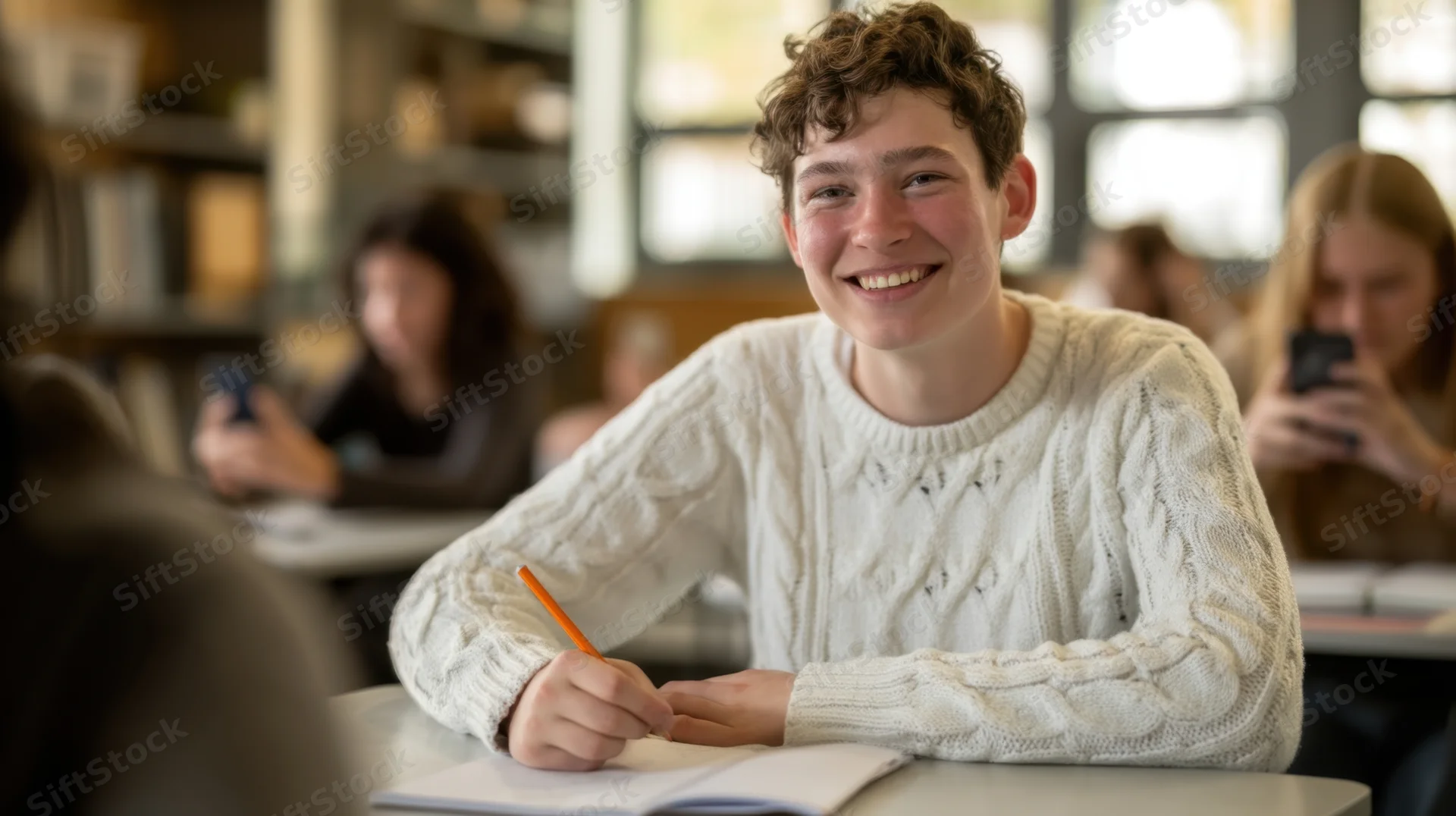 Young male student smiling while writing in a notebook at a desk in a classroom
