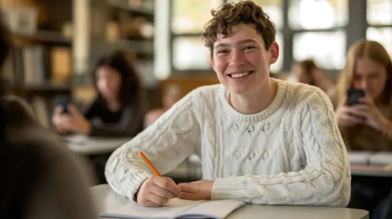 Young male student smiling while writing in a notebook at a desk in a classroom