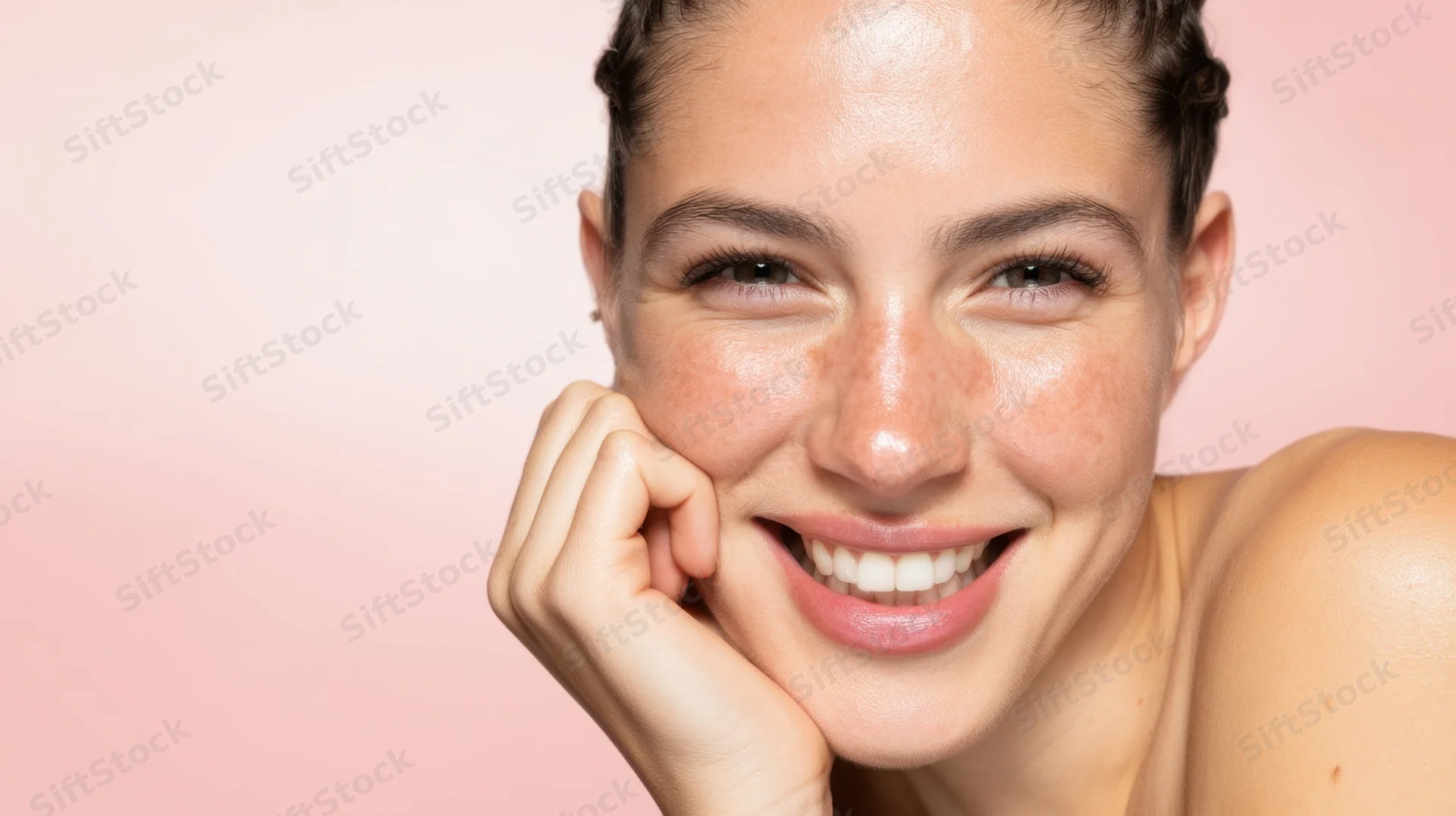 Smiling woman with freckles and glowing skin resting her chin on her hand against a pink background