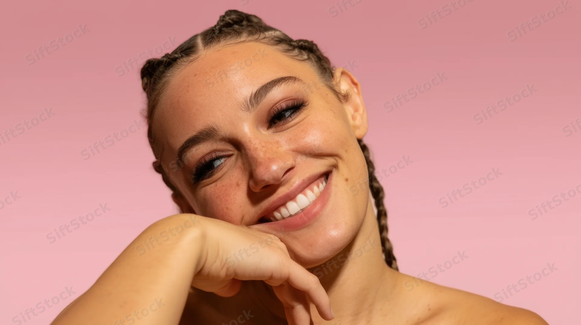 Smiling woman with braided hair resting her chin on her hand against a pink background