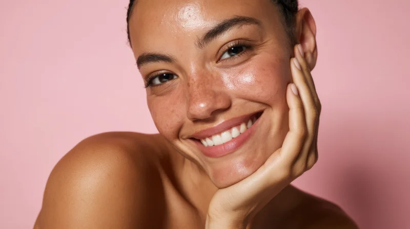 Smiling woman touching her cheek against pink background