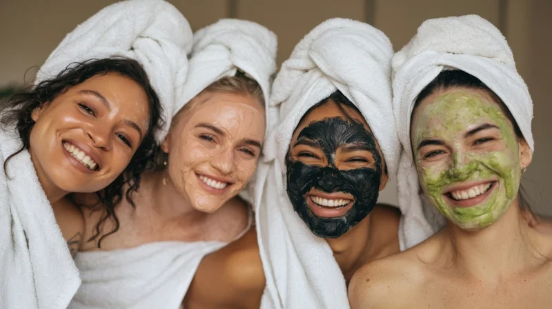 Four women with towels on heads smiling while wearing facial masks during a spa day