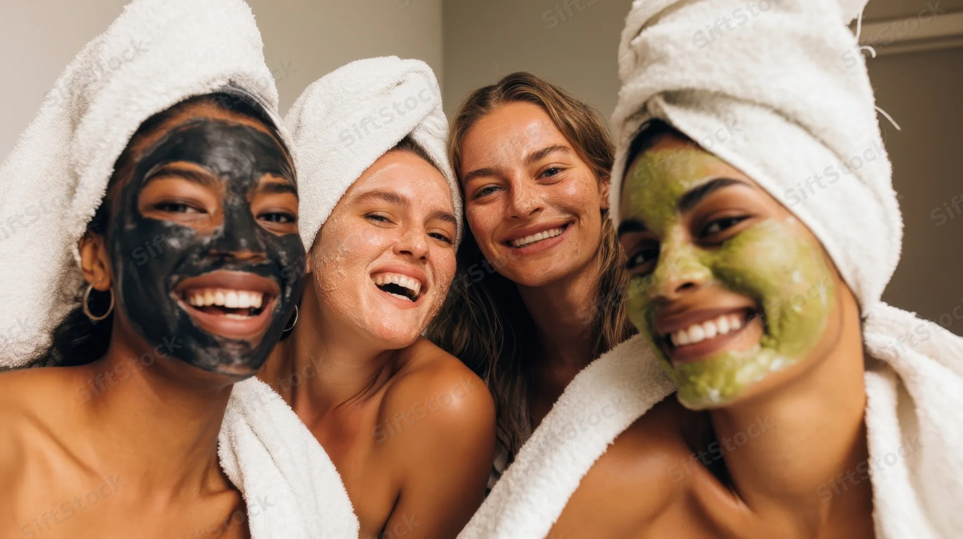 Four women with towels on heads and facial masks smiling closely together indoors