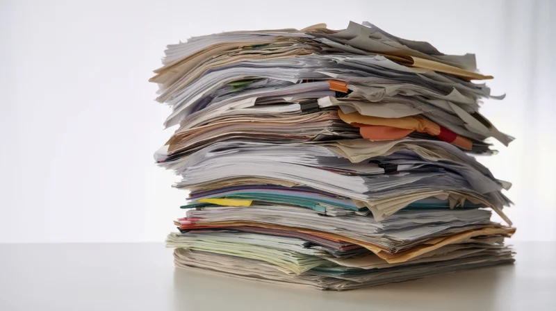 Tall stack of disorganized paperwork on a white desk surface