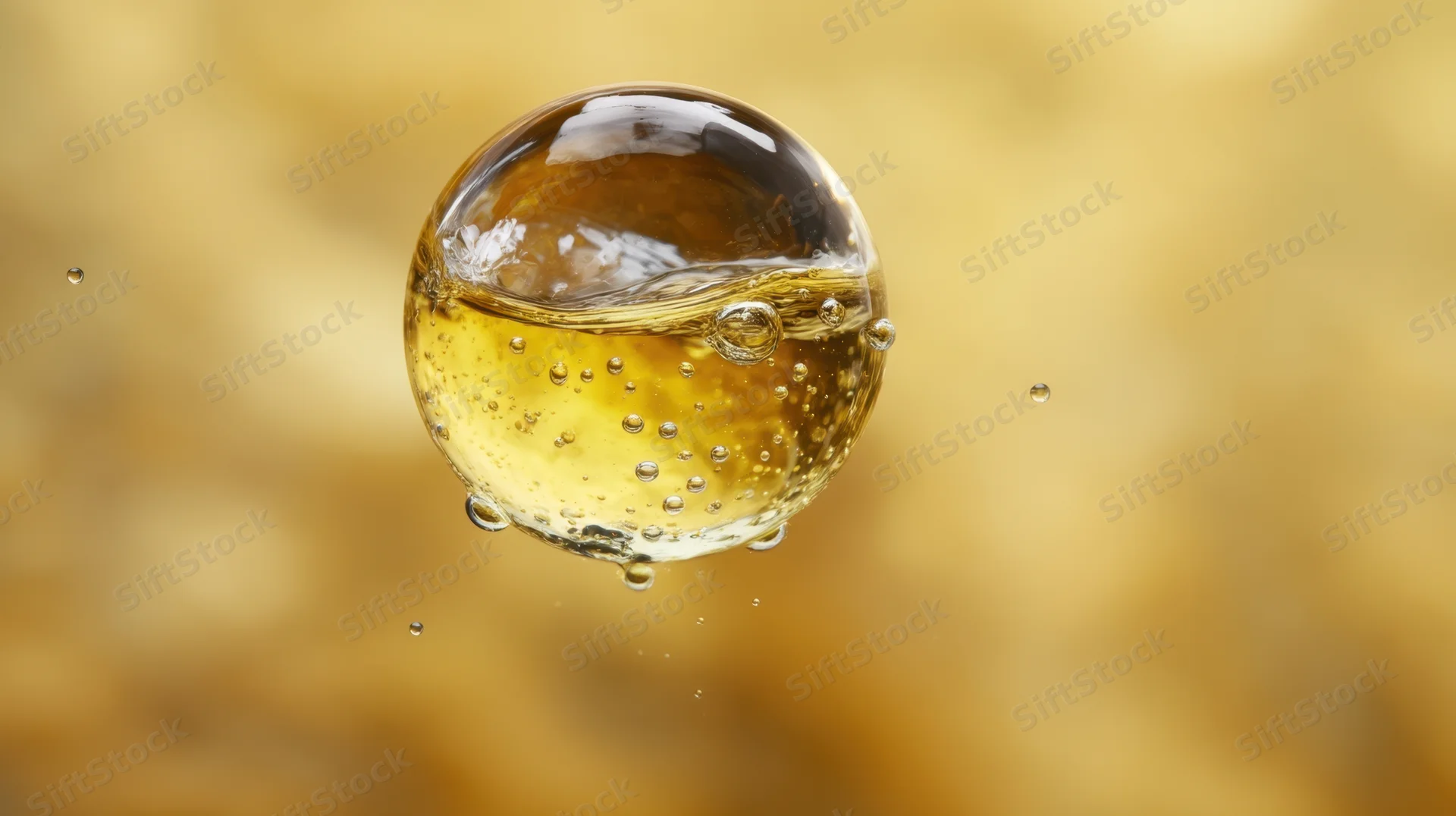 A golden oil droplet floating in midair with smaller bubbles around it against a blurred yellow background