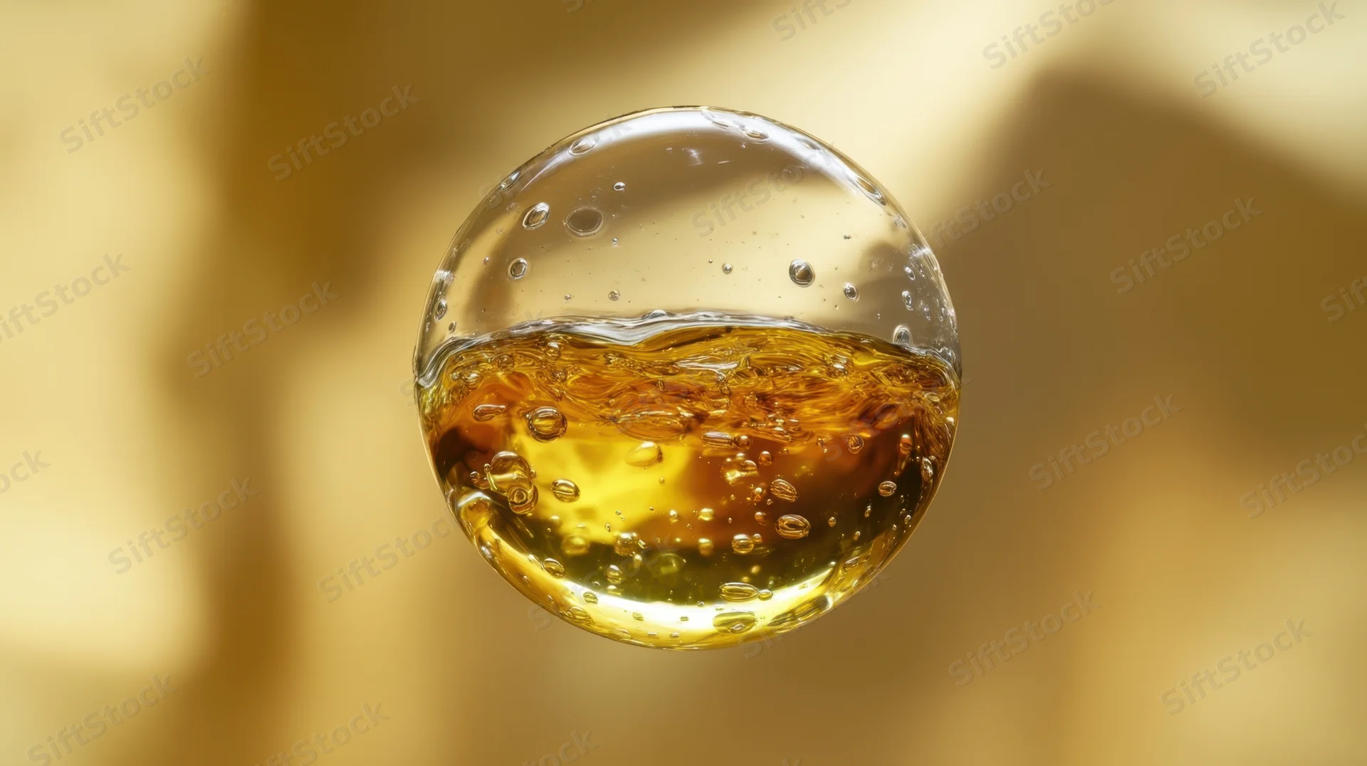 A golden honey droplet suspended in mid-air with bubbles and a blurred hexagonal background