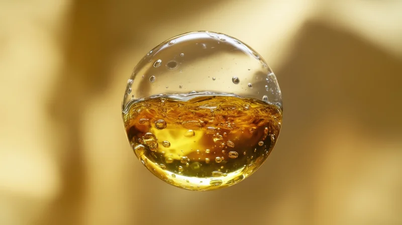 A golden honey droplet suspended in mid-air with bubbles and a blurred hexagonal background