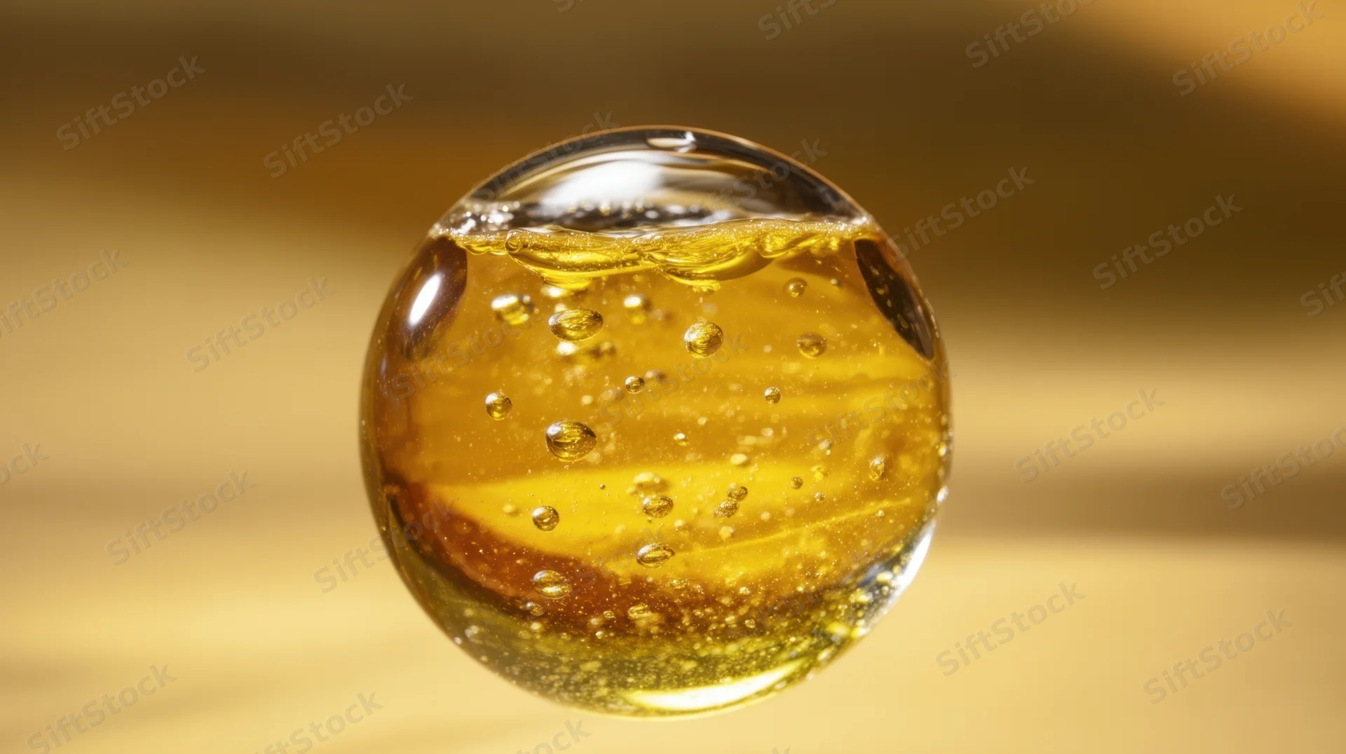 Golden viscous liquid with bubbles inside a transparent sphere against a warm blurred background