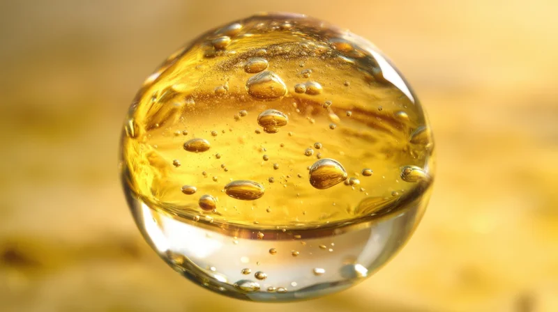 Golden oil droplet with bubbles suspended in closeup view