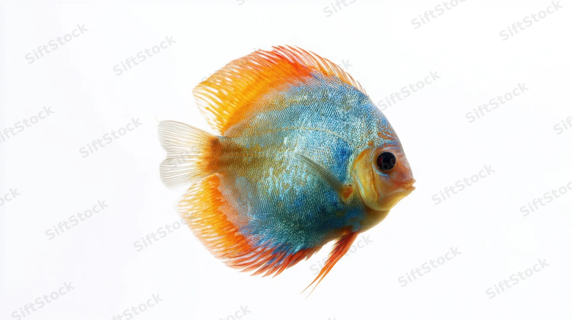 Discus fish swimming in profile against a white background