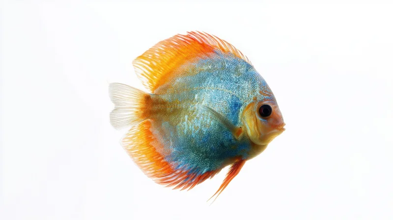 Discus fish swimming in profile against a white background