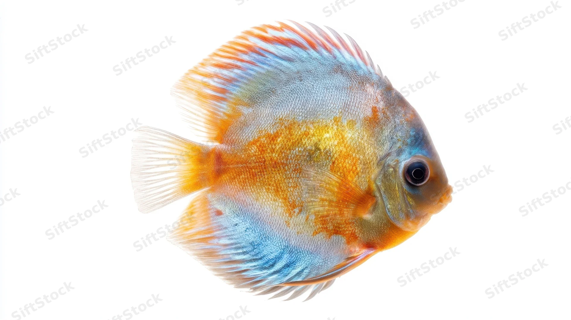 Discus fish in side profile against white background