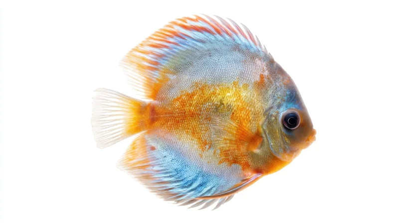 Discus fish in side profile against white background