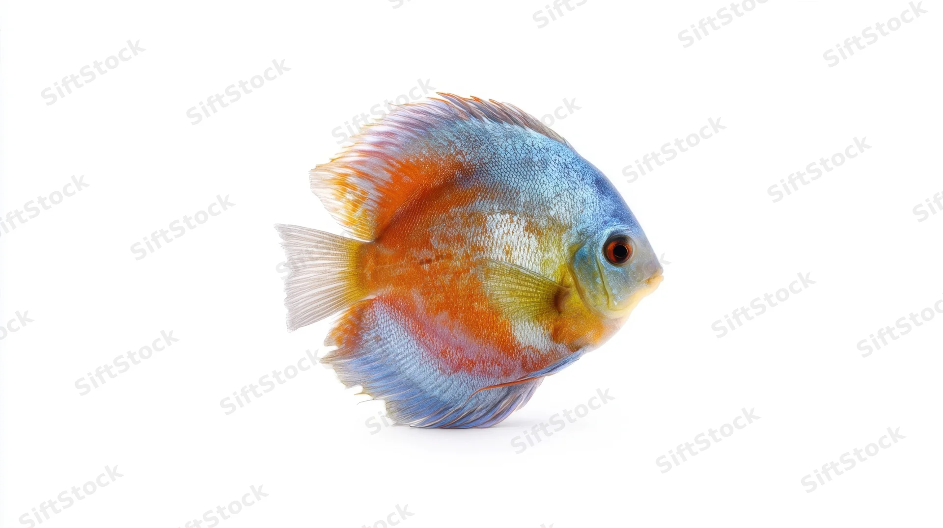 Discus fish in side profile against white background