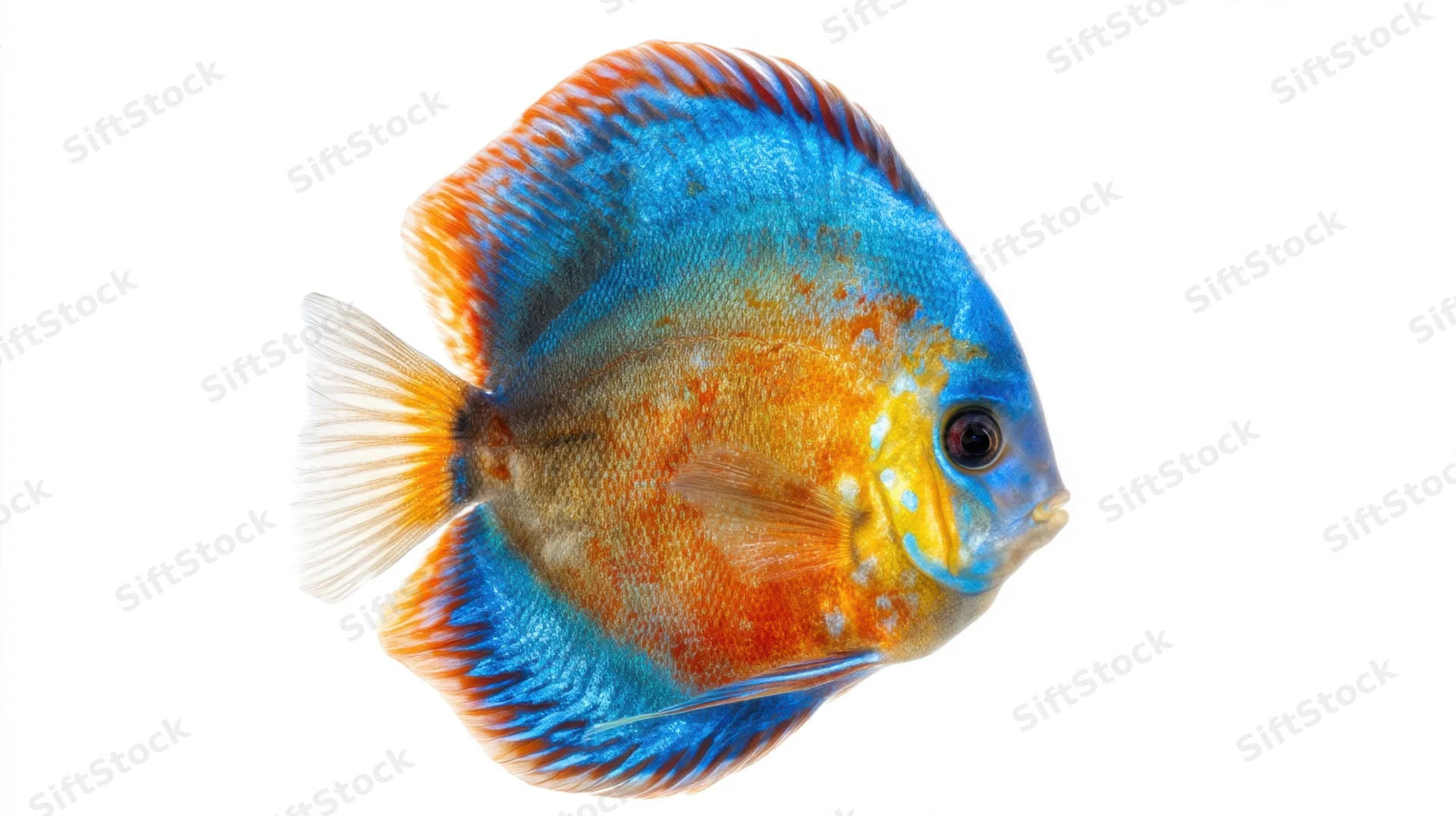 Vibrant discus fish in side profile isolated on white background