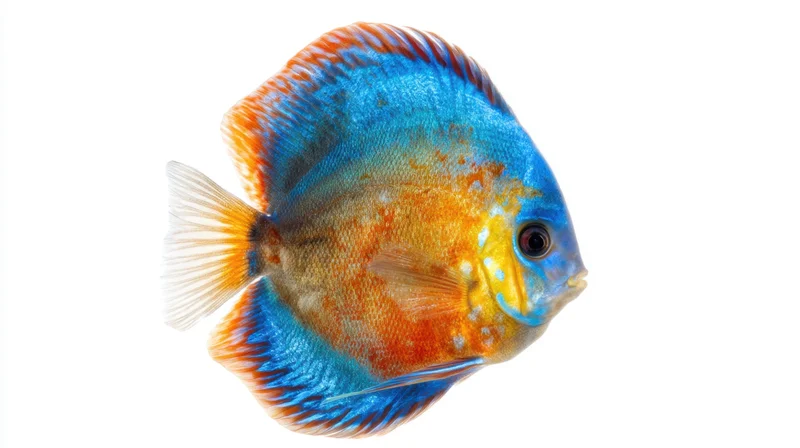 Vibrant discus fish in side profile isolated on white background