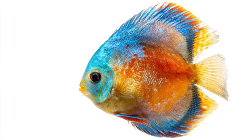 Vibrant discus fish in side profile isolated on white background