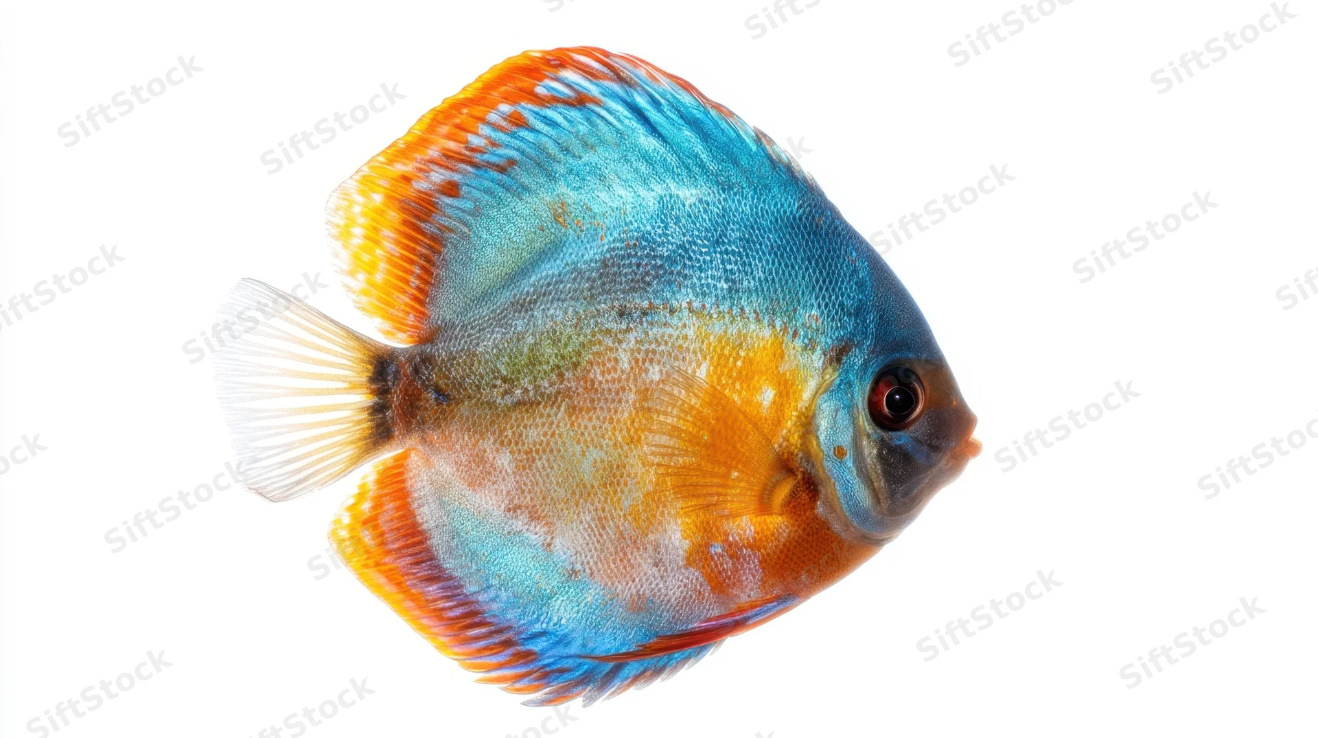 Vibrant discus fish swimming isolated on white background