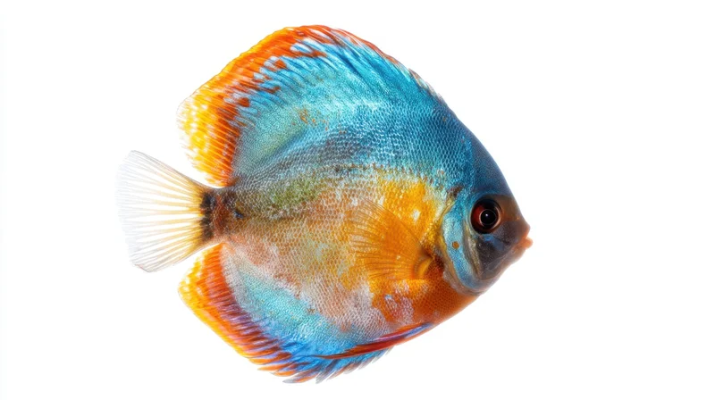 Vibrant discus fish swimming isolated on white background