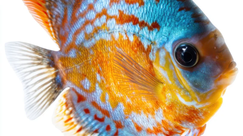 Closeup of a vibrant discus fish with orange blue and yellow patterns on white background