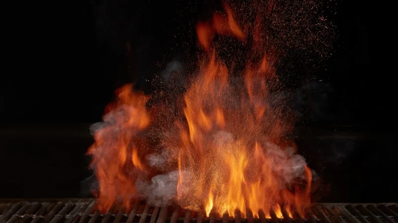 Flames erupting from a grill grate against a dark background