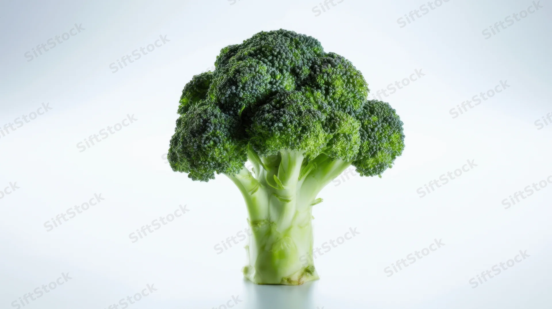 Fresh broccoli head with green florets and thick stem on white background