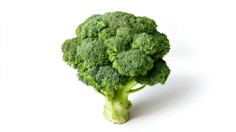Fresh broccoli head with dense green florets and thick stem on white background