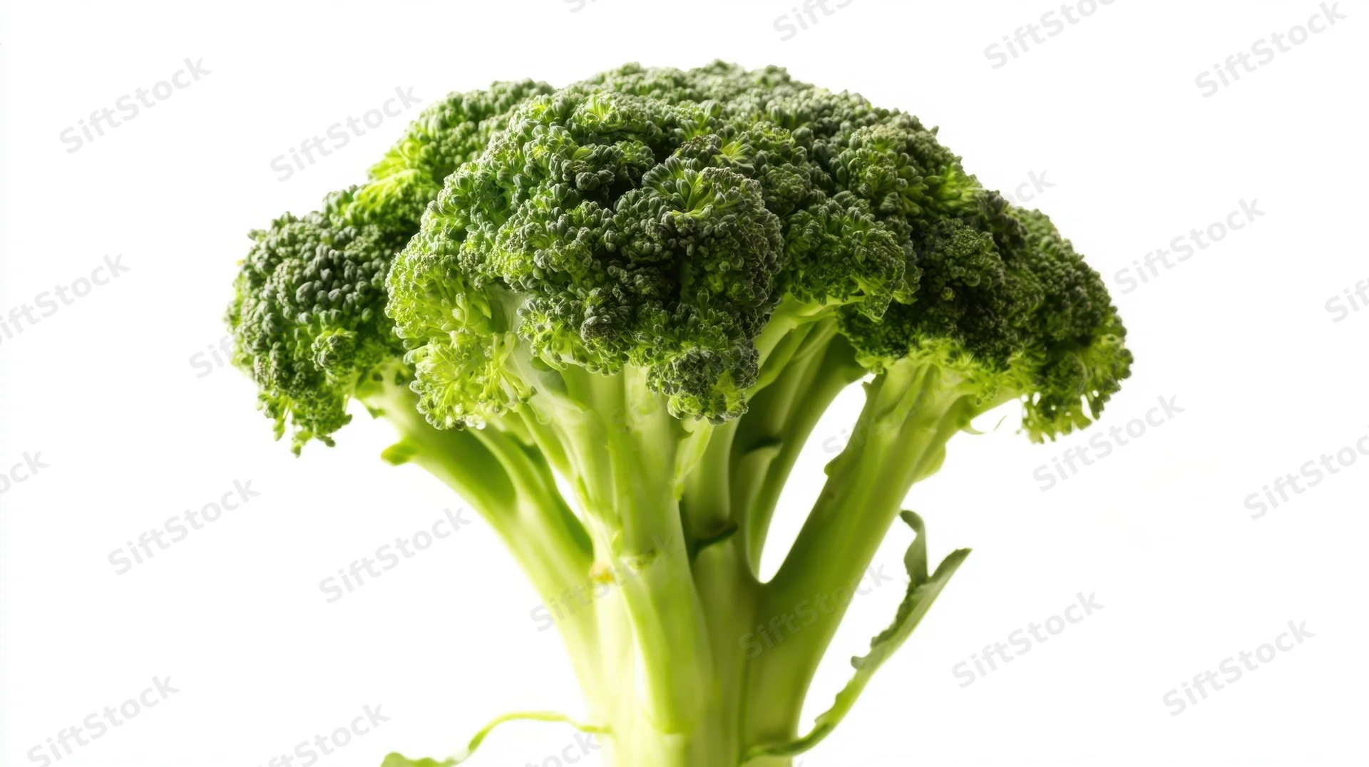 Closeup of fresh broccoli head with green florets and stalks on white background