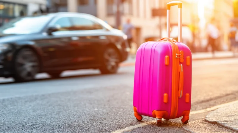 Bright pink suitcase with orange trim standing on city street pavement near a black car during golden hour