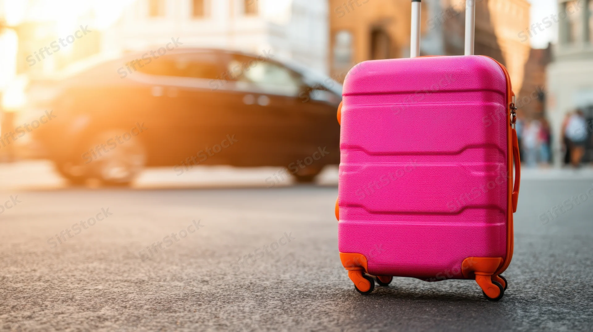 Pink suitcase with orange wheels on city street at golden hour