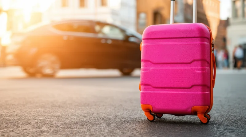 Pink suitcase with orange wheels on city street at golden hour