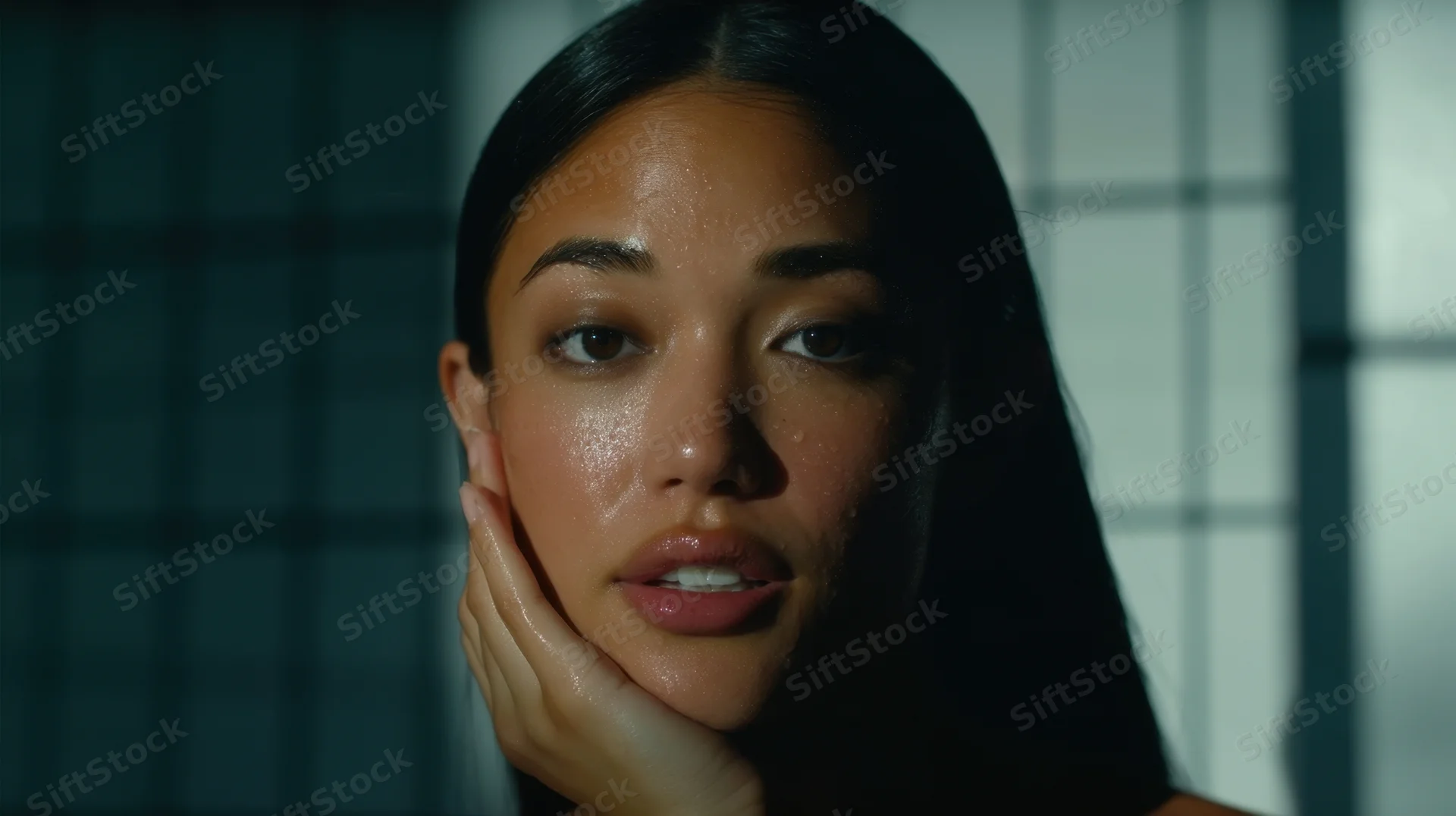 Woman with dewy skin touching her face in dim studio lighting