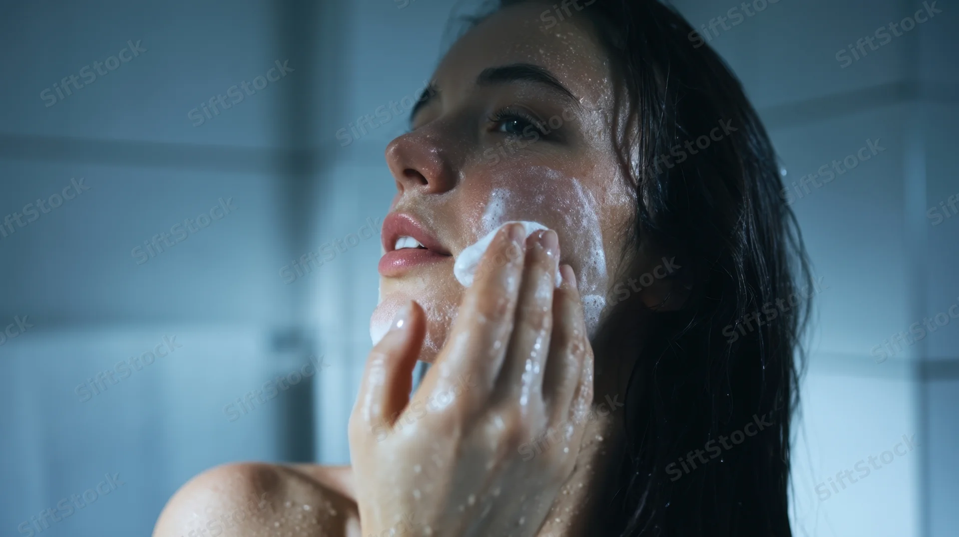 Woman applying foamy cleanser to her face in the shower