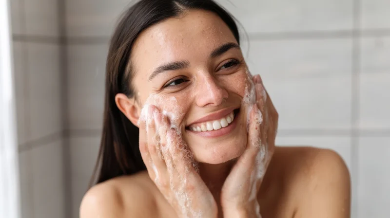 Woman smiling while washing her face with foam in bathroom