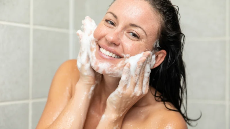 Woman smiling while applying foam to her face in a tiled bathroom