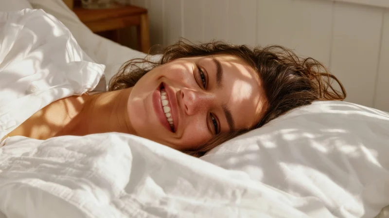 Woman smiling in bed with sunlight on her face in a bedroom