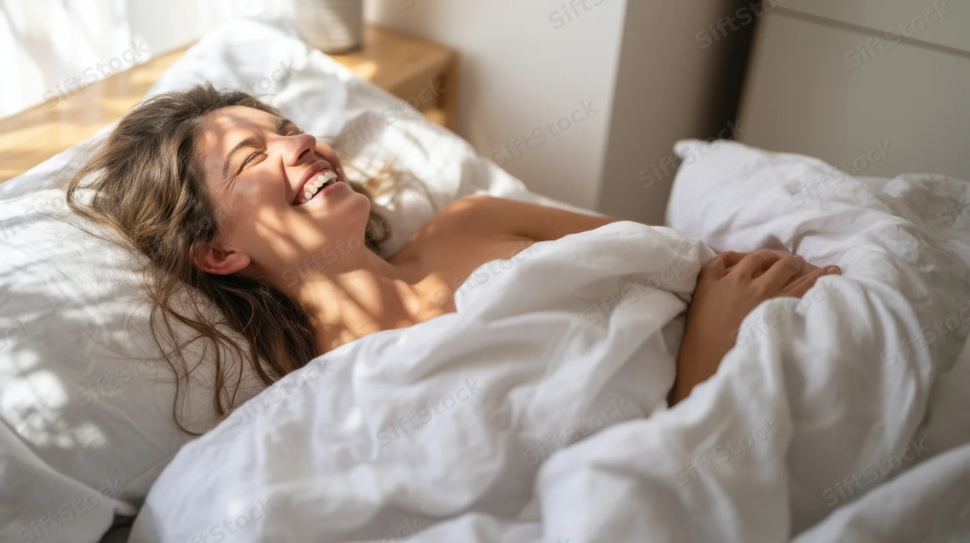 Woman laughing in bed under sunlight with white bedding in bedroom