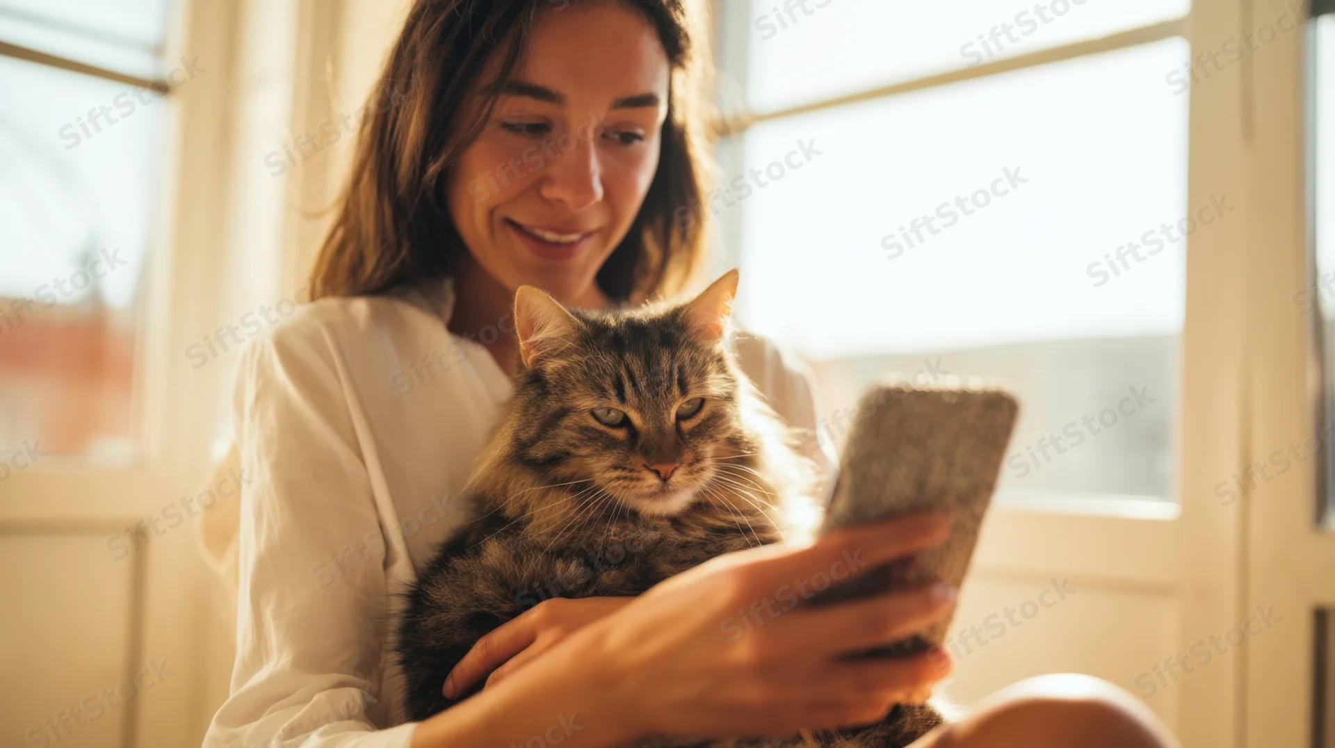 Woman holding a tabby cat while using smartphone indoors near window