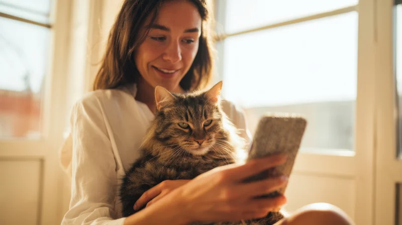 Woman holding a tabby cat while using smartphone indoors near window