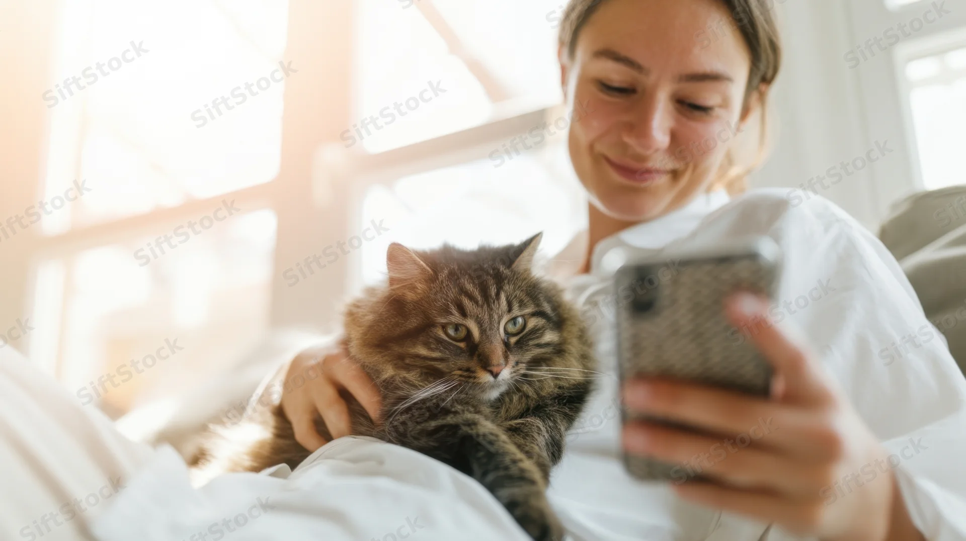 Woman holding smartphone and petting cat while lying in bed near window