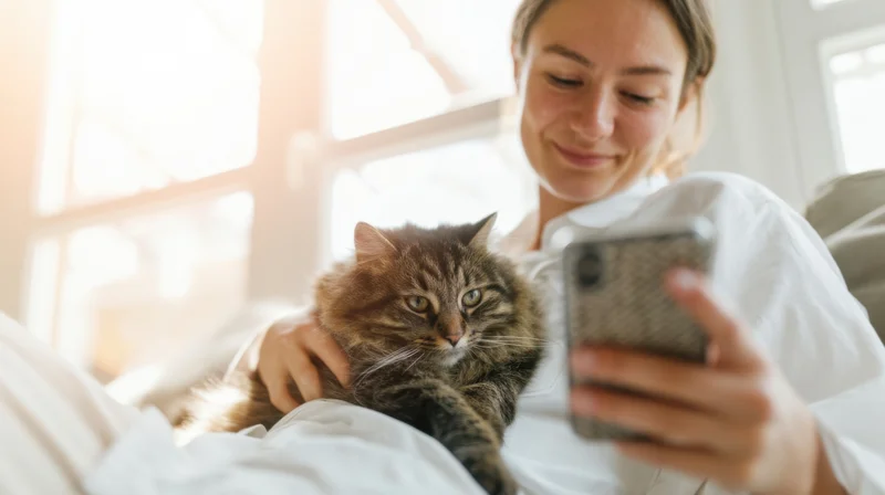 Woman holding smartphone and petting cat while lying in bed near window