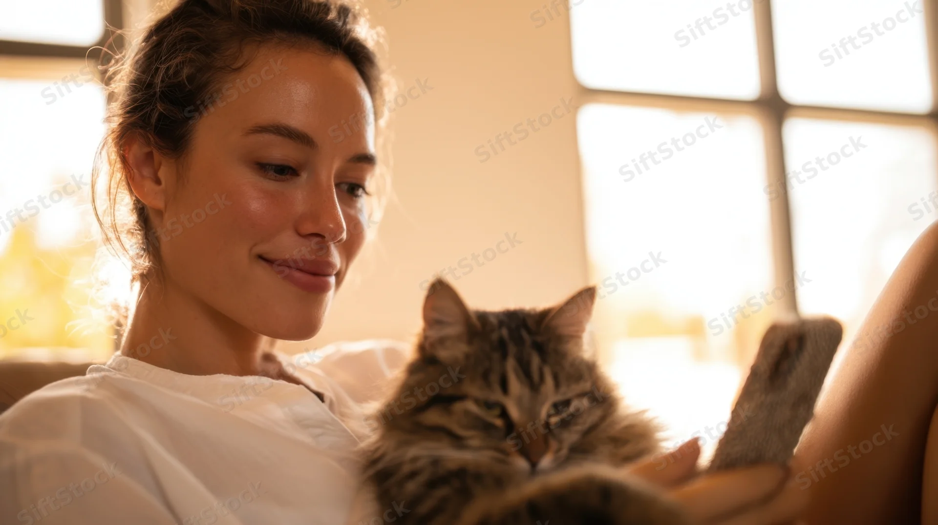 Woman smiling while holding a cat and using a smartphone indoors near a window