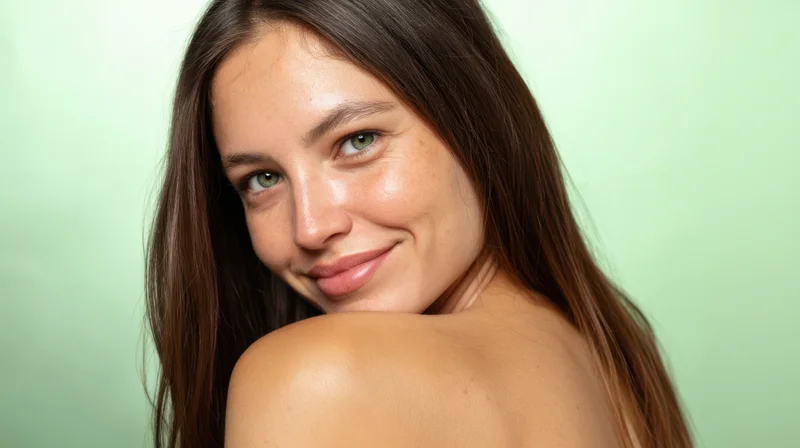Woman smiling over her shoulder in a studio portrait with soft lighting and green background