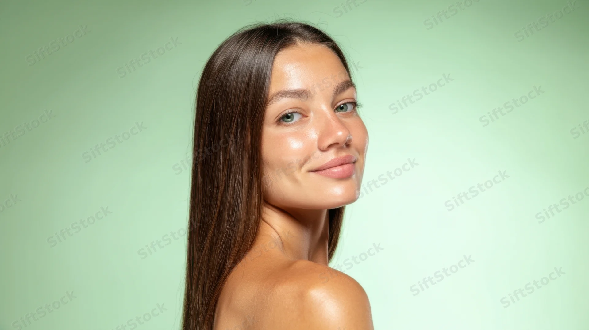 Woman with long brown hair smiling softly in studio portrait against green background