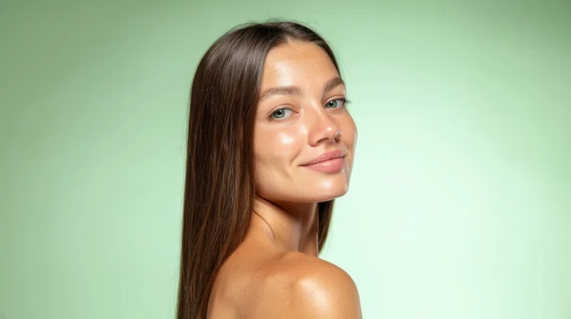 Woman with long brown hair smiling softly in studio portrait against green background