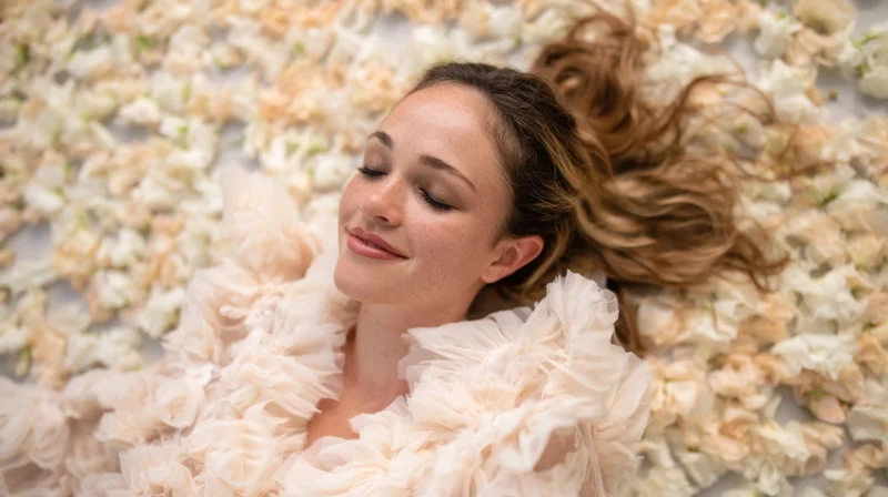 Woman lying on a bed of flower petals wearing a ruffled bridal gown, eyes closed and smiling