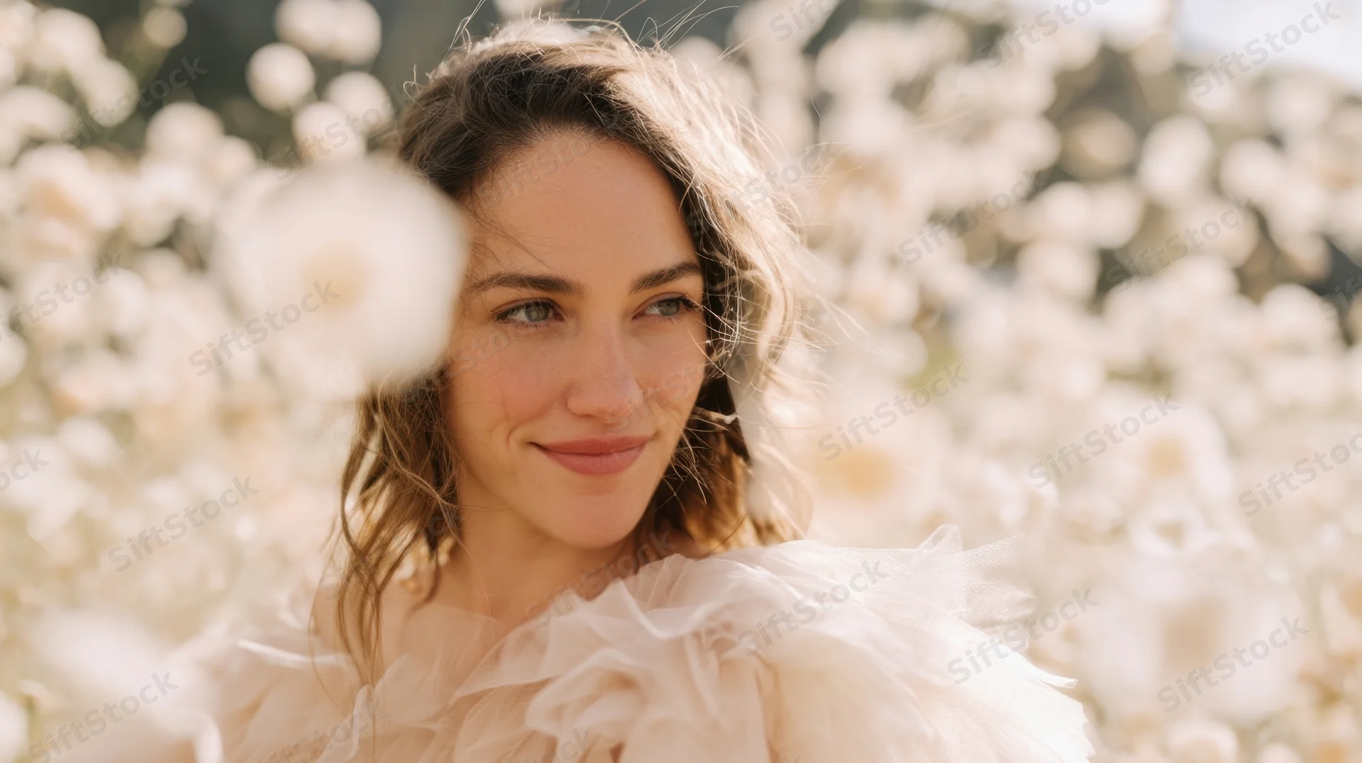 Woman smiling in a ruffled dress surrounded by white flowers in a garden