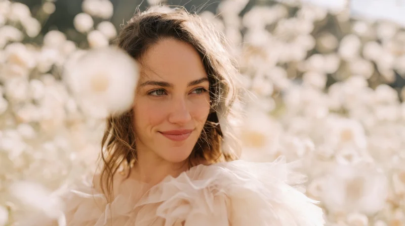 Woman smiling in a ruffled dress surrounded by white flowers in a garden