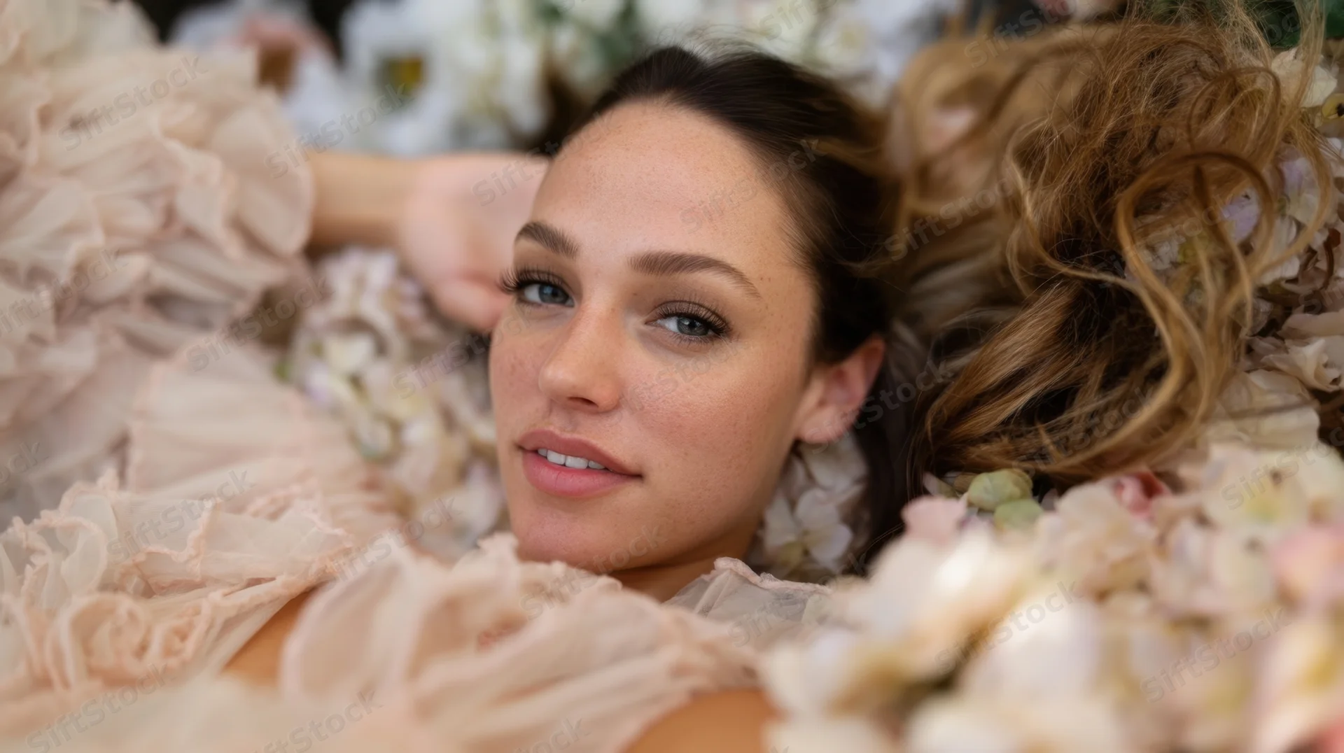Woman in a ruffled bridal gown surrounded by flowers, smiling softly at the camera